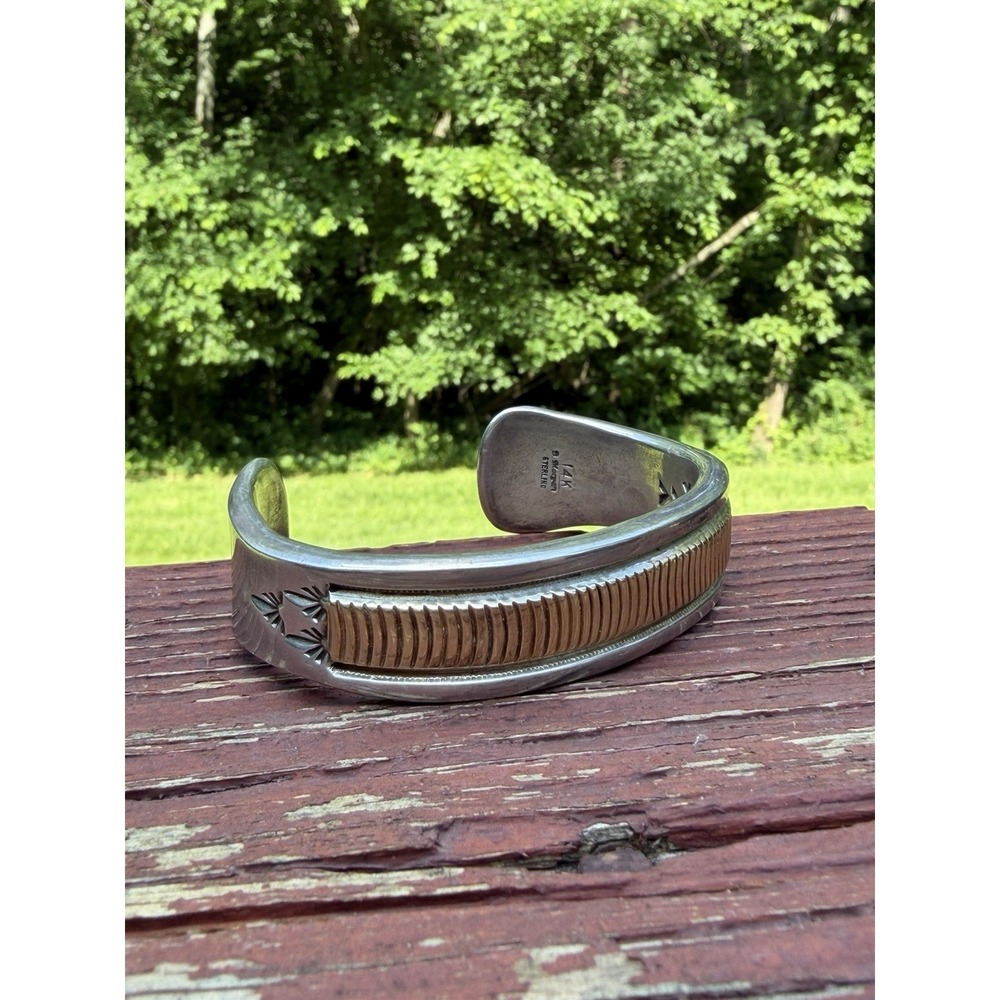 Navajo Bruce Morgan Sterling Silver 14K Gold Cuff Bracelet Heavy 108g Vintage